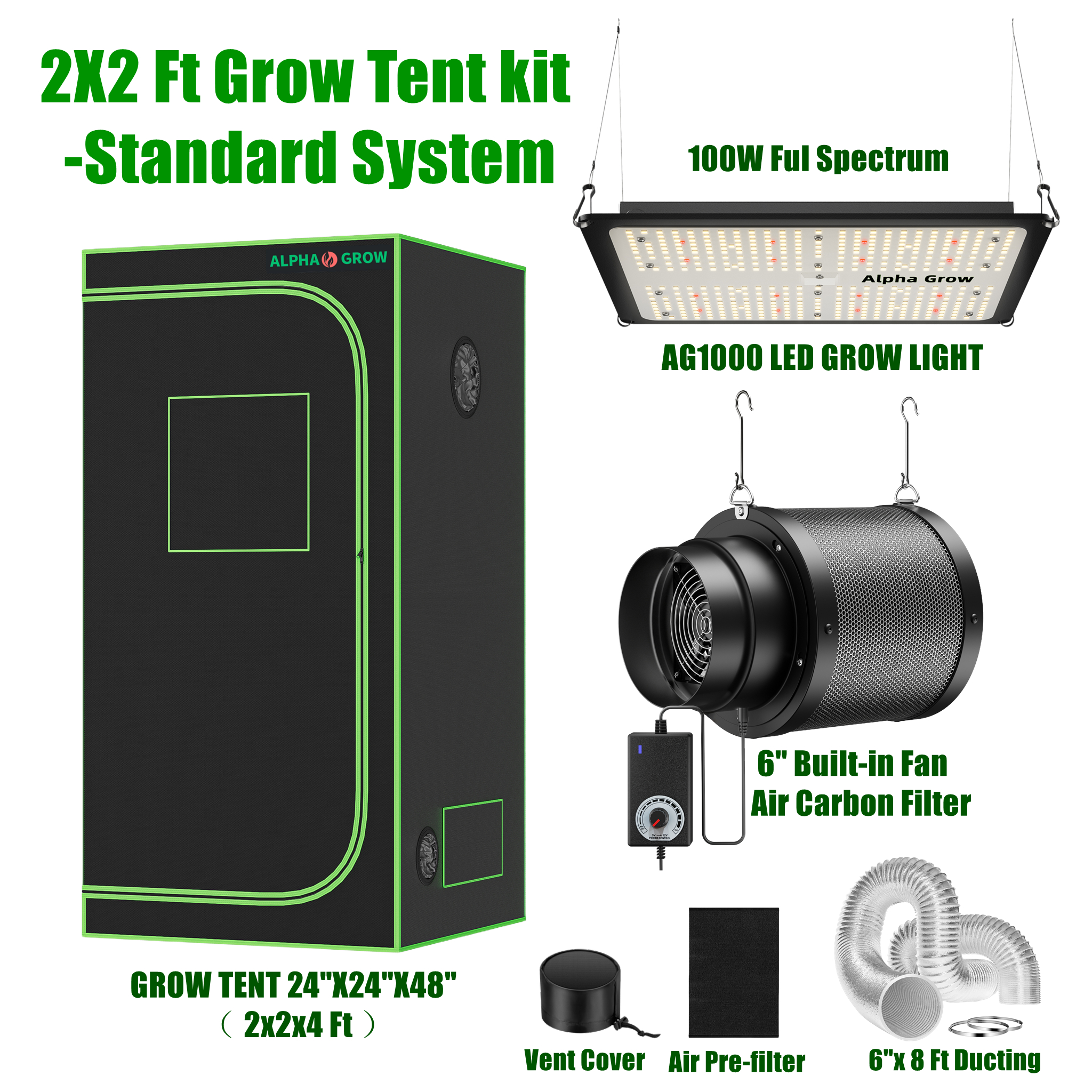 Grow Tent Complete Kit - ALPHAGROW Elite 2x2 Grow Suite: AG1000